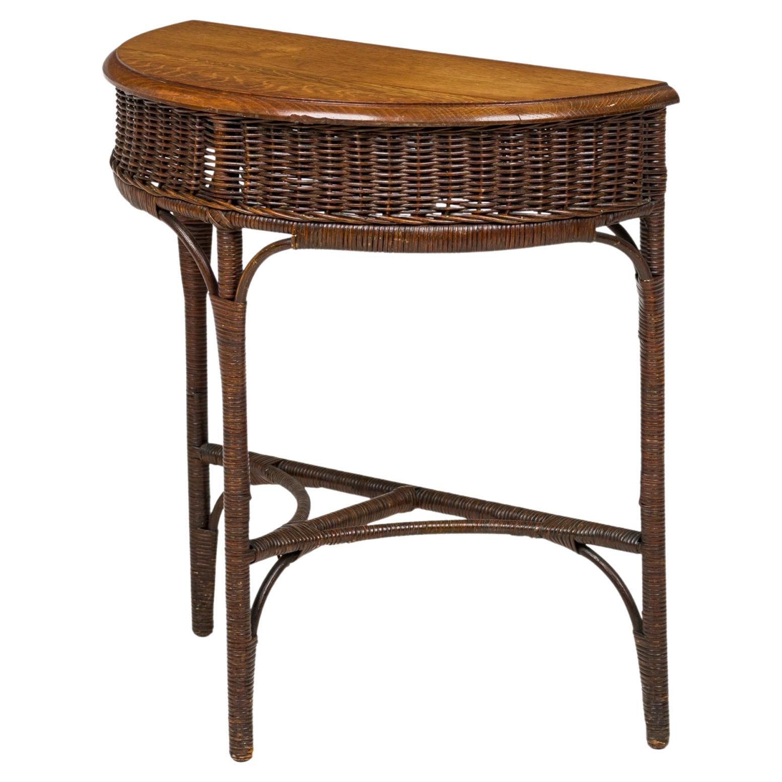 American Victorian Wicker and Oak Topped Demilune 3-Legged Console Table