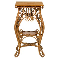 American Victorian Wicker and Oak Topped Square Side Table