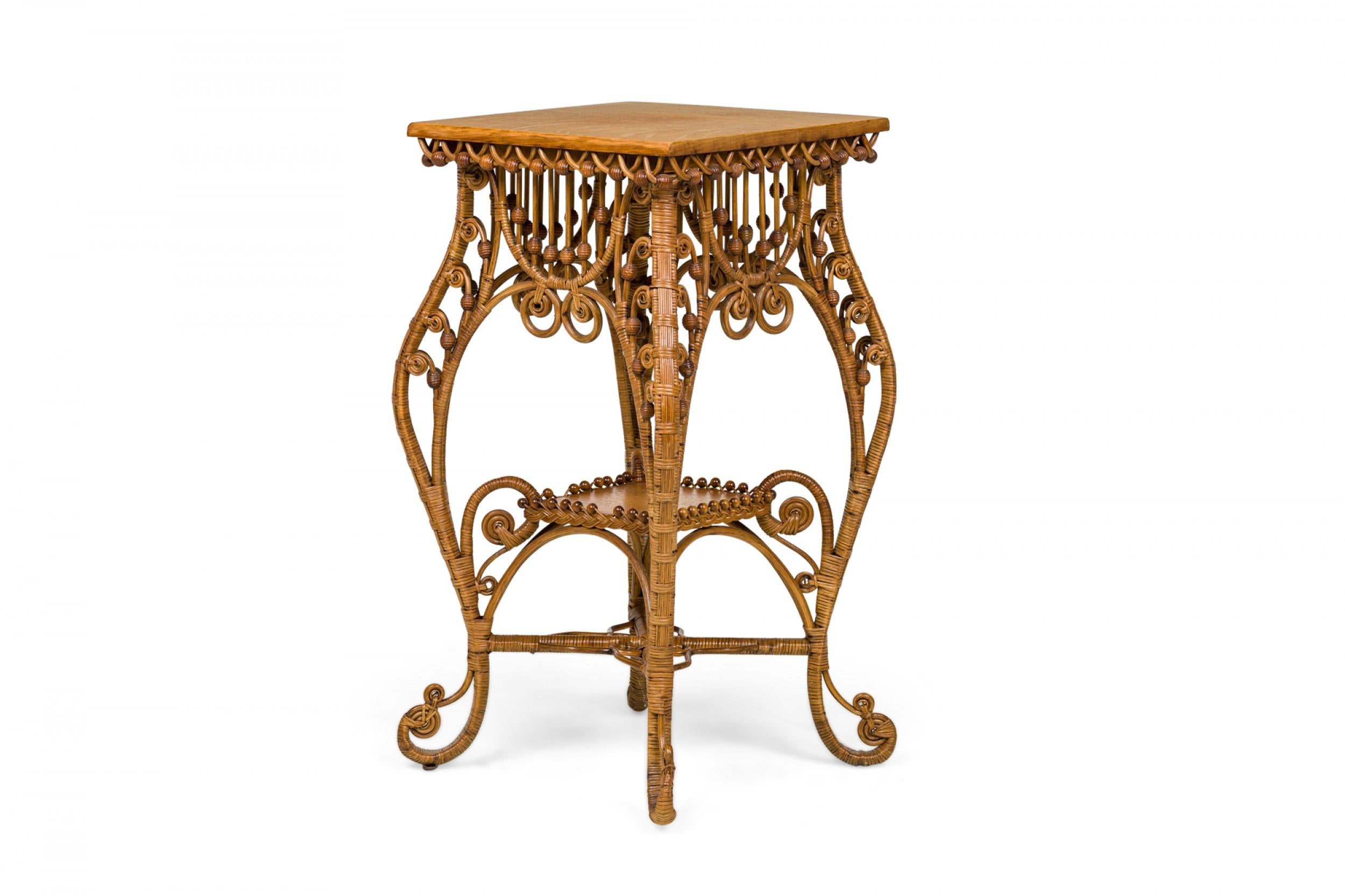 American Victorian Wicker and Oak Topped Square Side Table For Sale 1