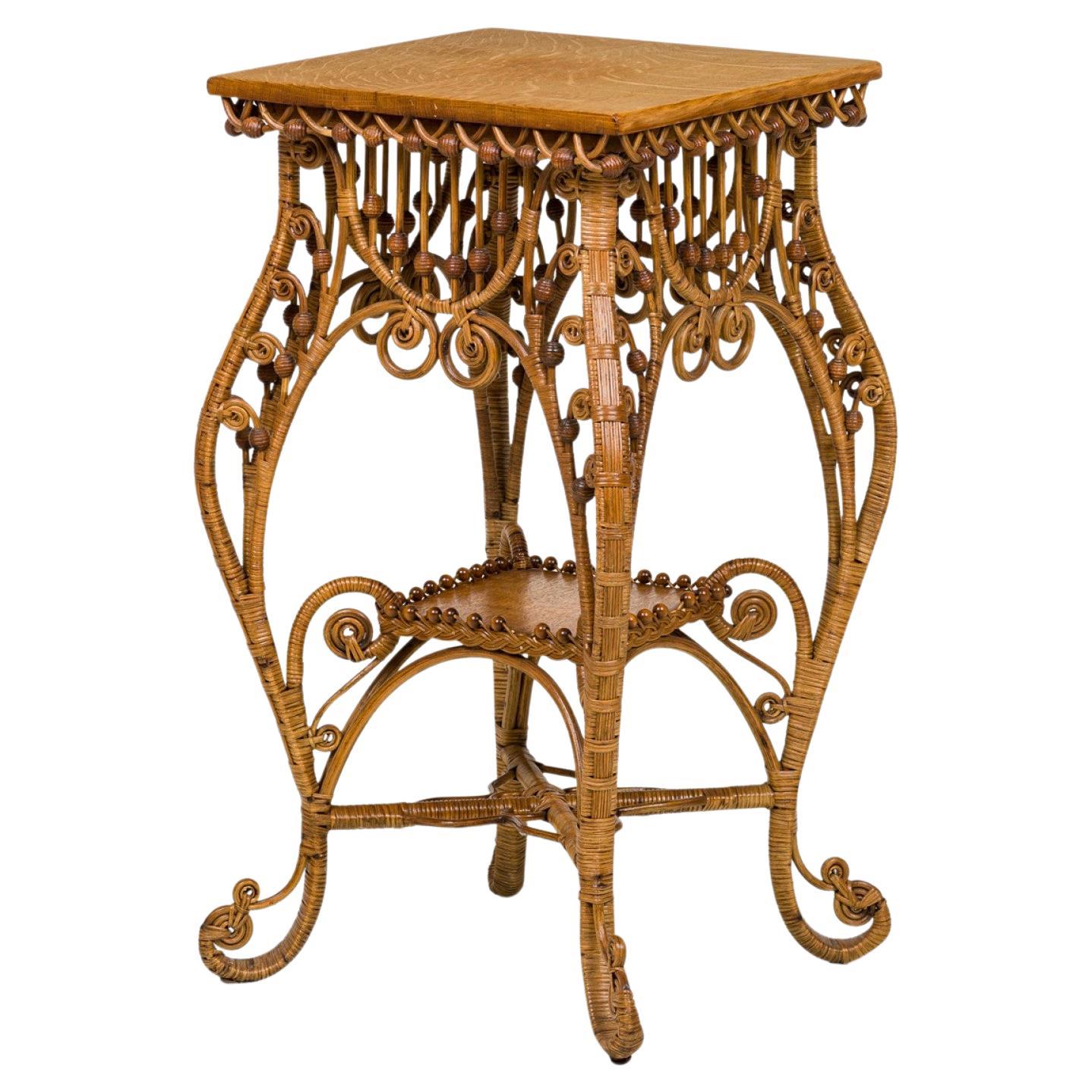 American Victorian Wicker and Oak Topped Square Side Table For Sale