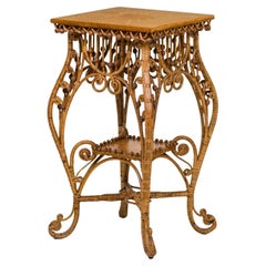 American Victorian Wicker and Oak Topped Square Side Table
