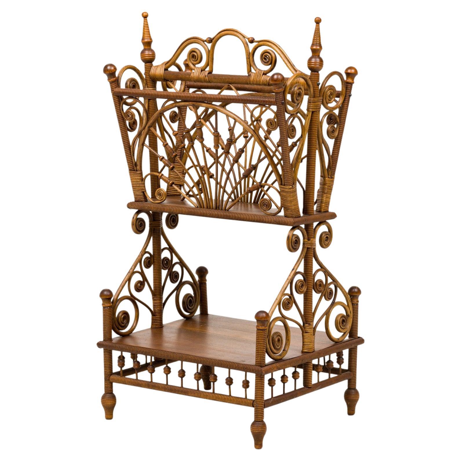 American Victorian Wicker and Wood 2-Tiered Decorative Magazine Stand For Sale