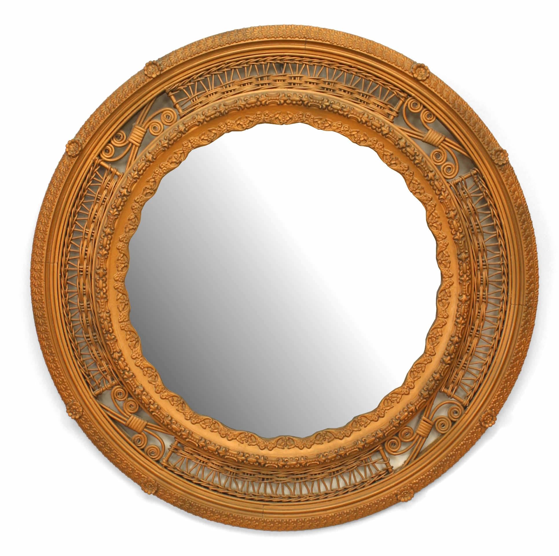 American Victorian round wicker wall mirror with filigree frame and 