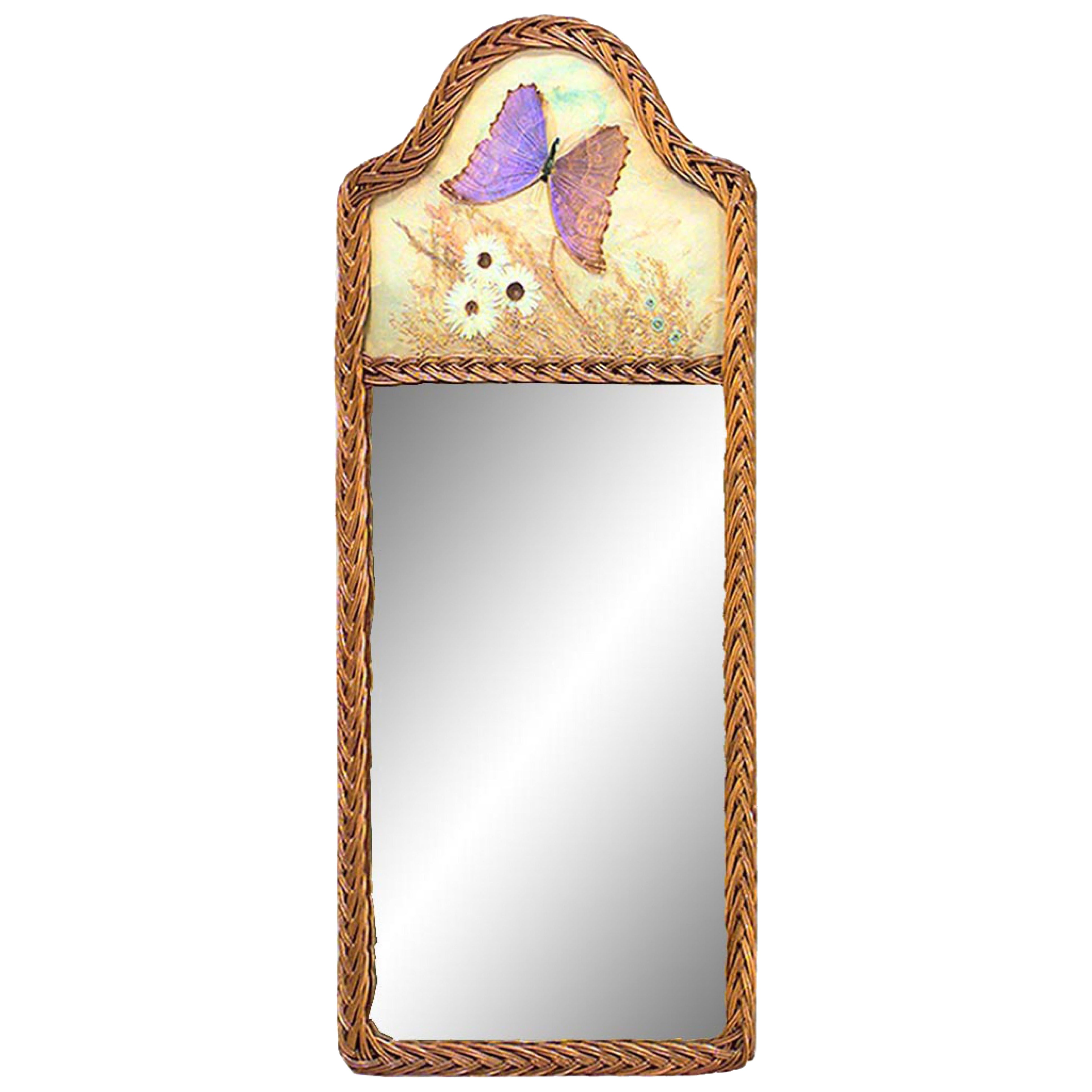 American Victorian Wicker Woven Butterfly Wall Mirror For Sale