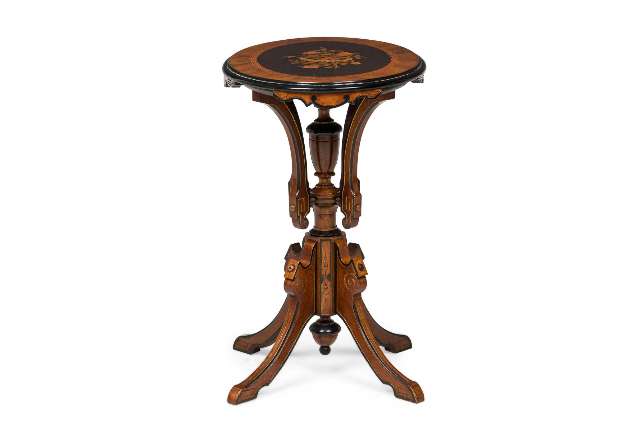 American Victorian Wood Inlaid Oval Side Table with Carved Supports In Good Condition In New York, NY