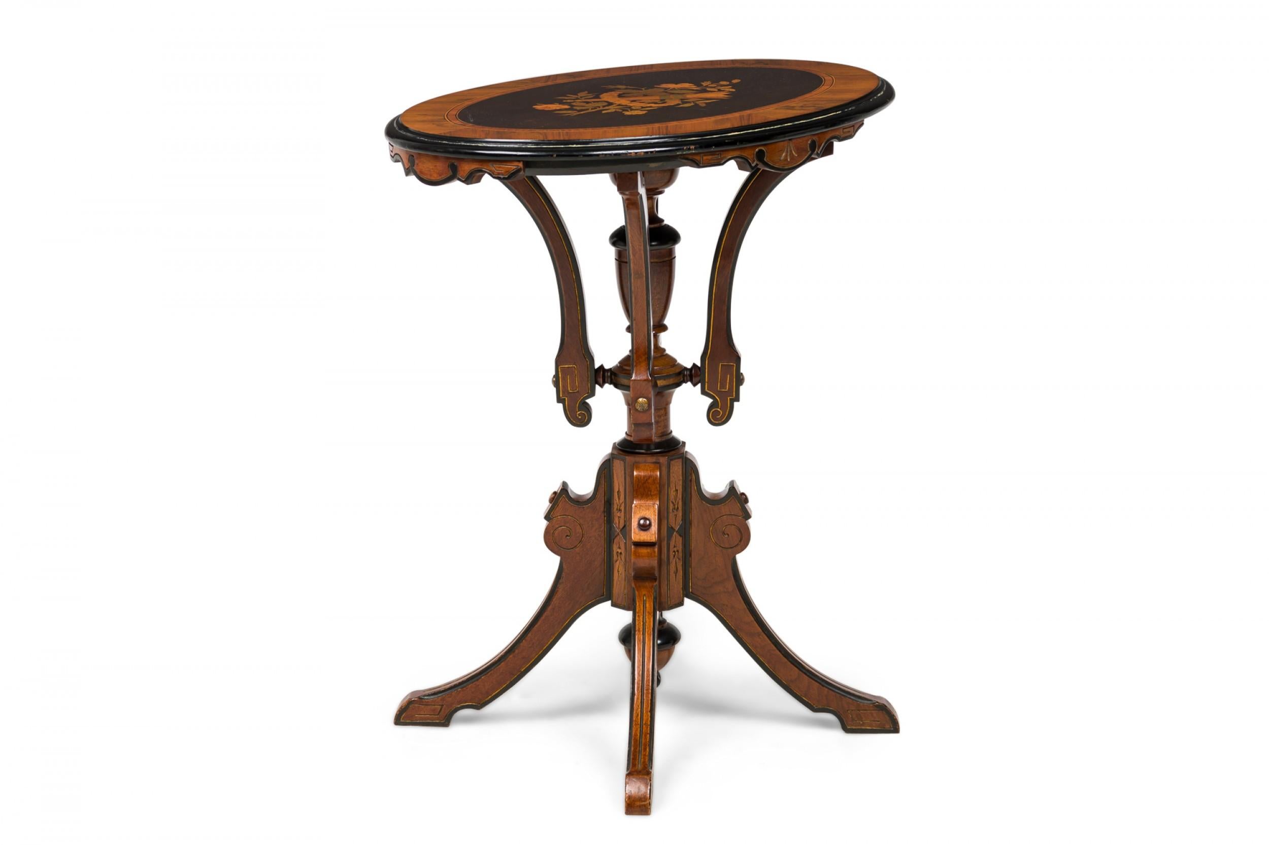 19th Century American Victorian Wood Inlaid Oval Side Table with Carved Supports