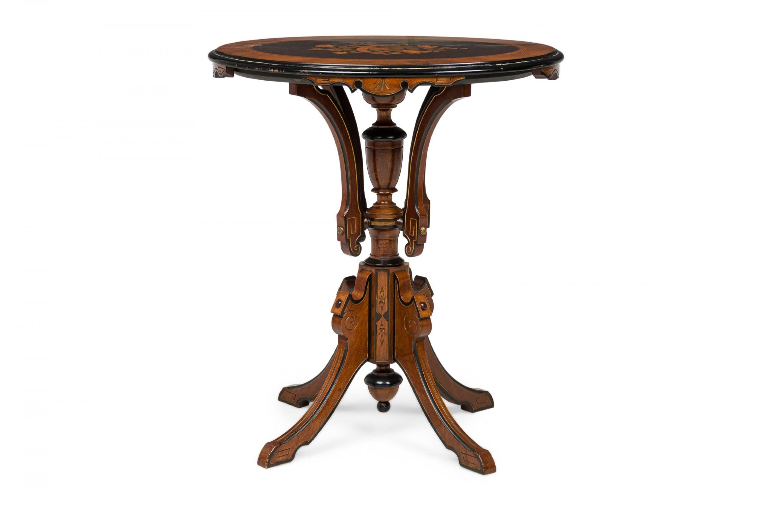 American Victorian Wood Inlaid Oval Side Table with Carved Supports 1