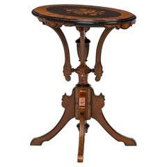 American Victorian Wood Inlaid Oval Side Table with Carved Supports
