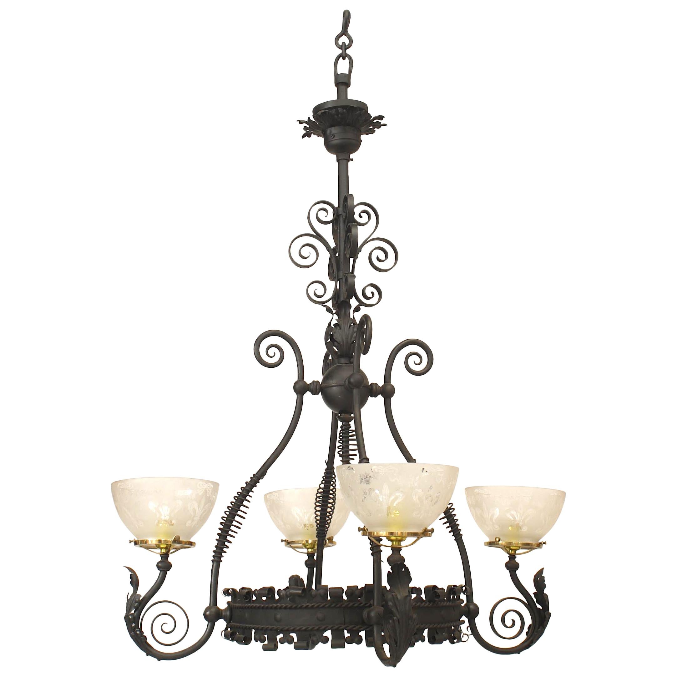 American Victorian Wrought Iron Scroll Chandelier