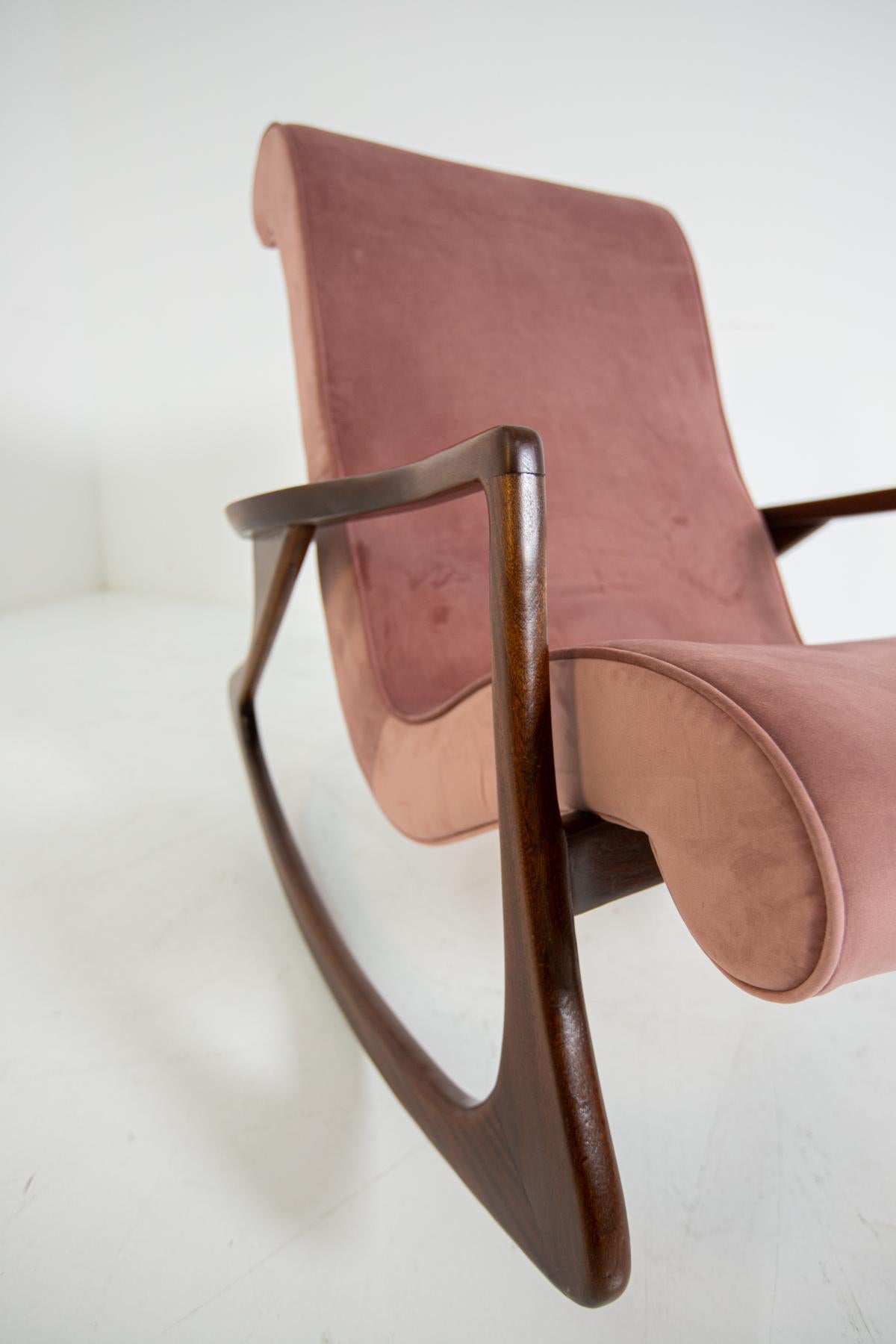 Modern American Vintage Rocking Chair in Pink Velvet, Restored