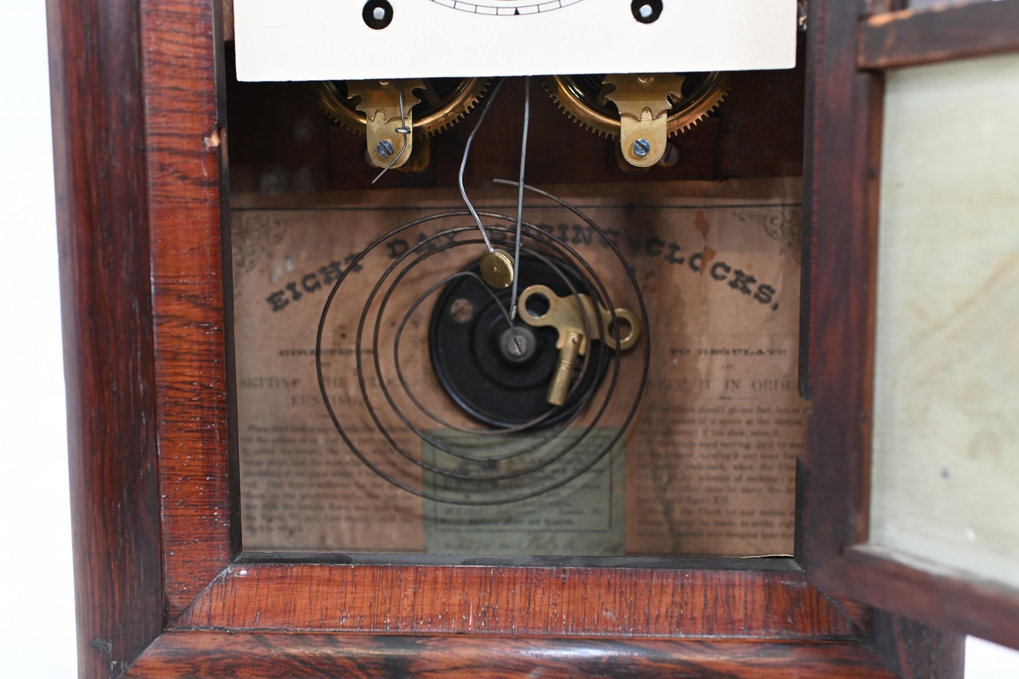 Late 19th Century American Wall Clock Painted Panel 8 Day Double Barrel Movement For Sale
