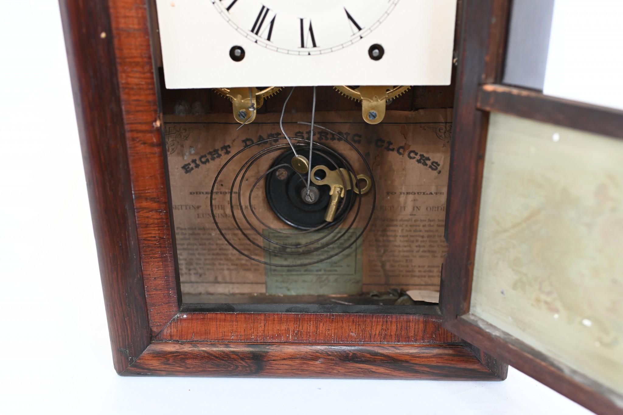 Mahogany American Wall Clock Painted Panel 8 Day Double Barrel Movement For Sale