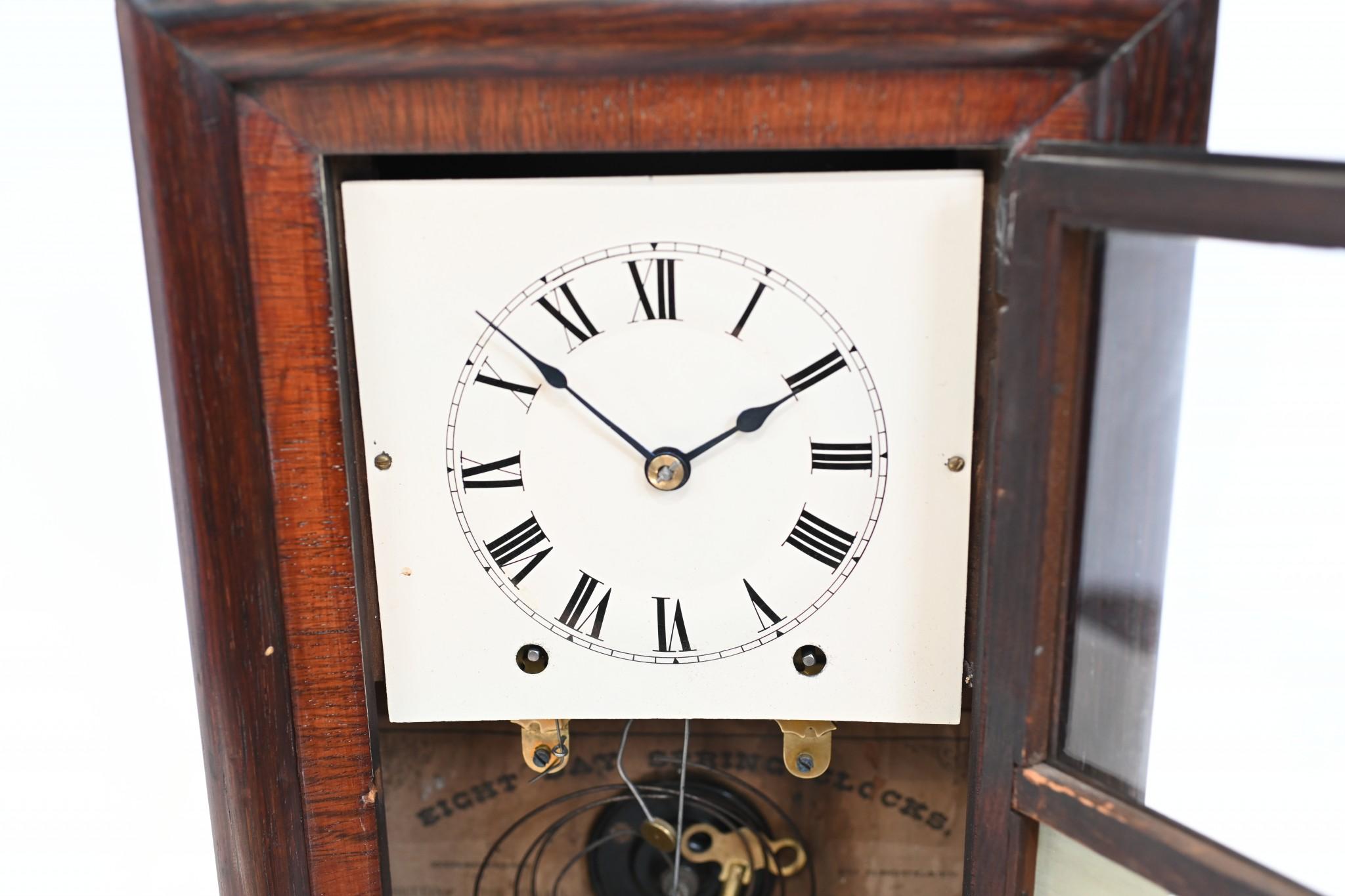 American Wall Clock Painted Panel 8 Day Double Barrel Movement For Sale 1