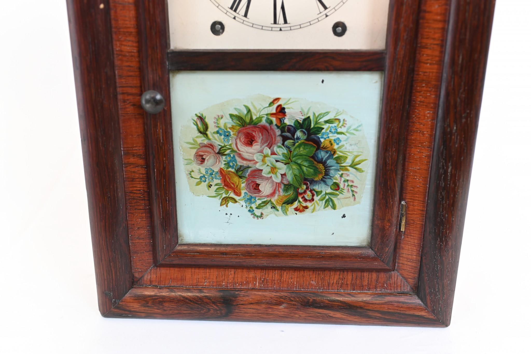 American Wall Clock Painted Panel 8 Day Double Barrel Movement For Sale 2