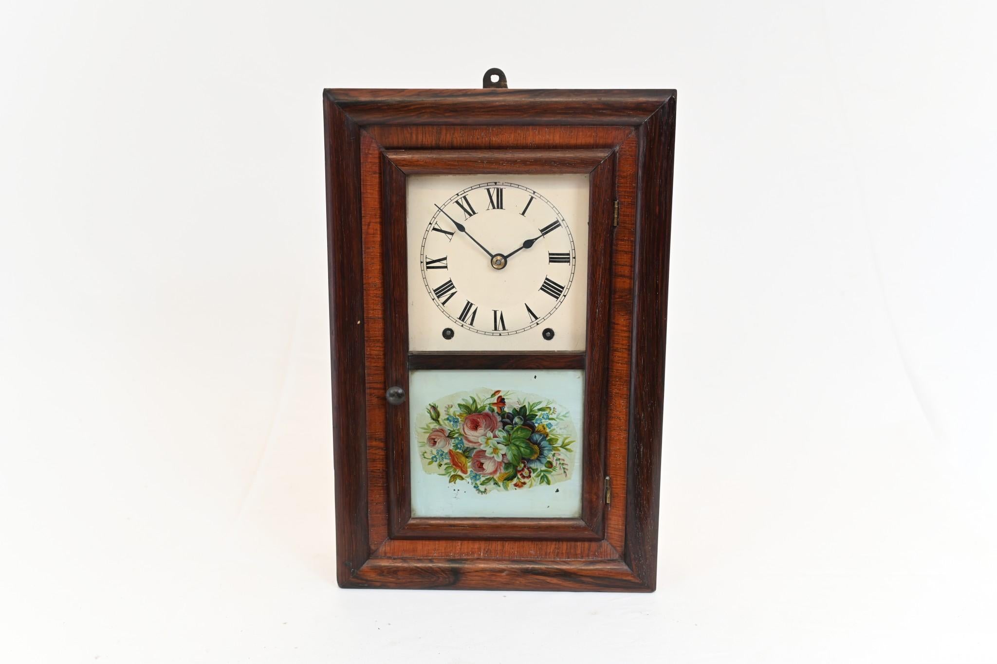 American Wall Clock Painted Panel 8 Day Double Barrel Movement For Sale 3
