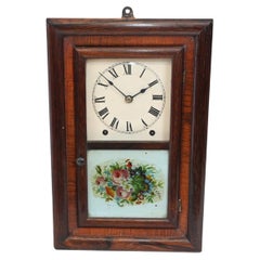 Antique American Wall Clock Painted Panel 8 Day Double Barrel Movement