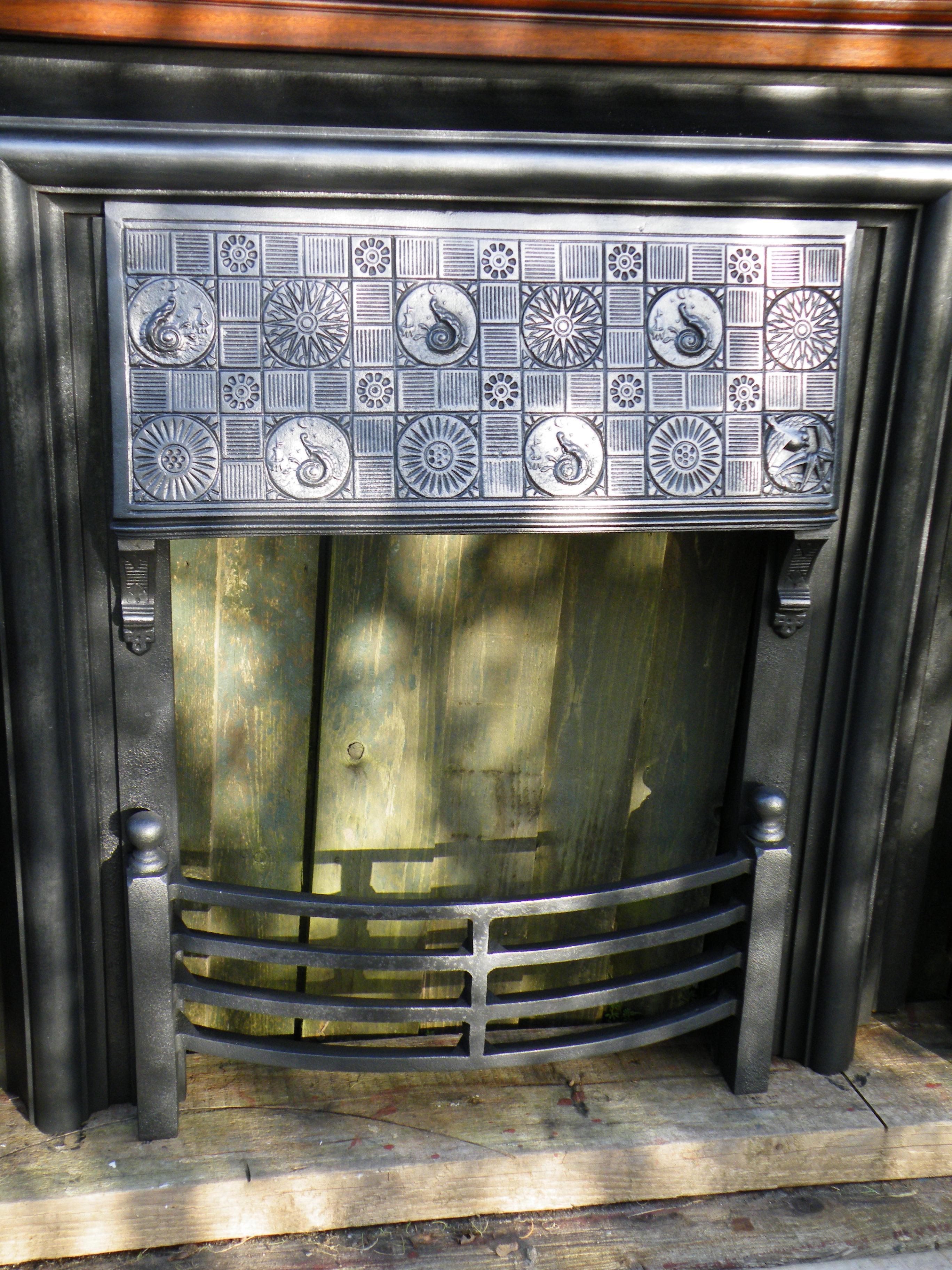 American Walnut 1880s Fireplace Mantel with Victorian Aesthetic Movement Insert For Sale 2