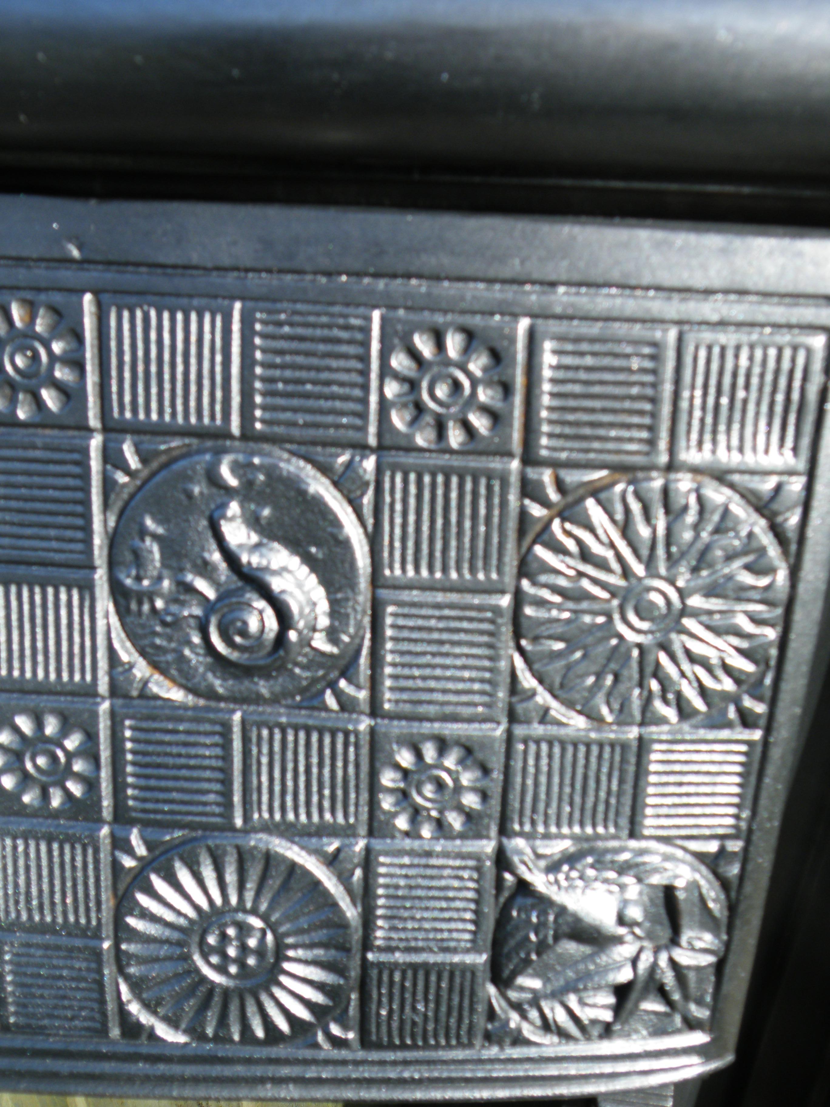 Iron American Walnut 1880s Fireplace Mantel with Victorian Aesthetic Movement Insert For Sale