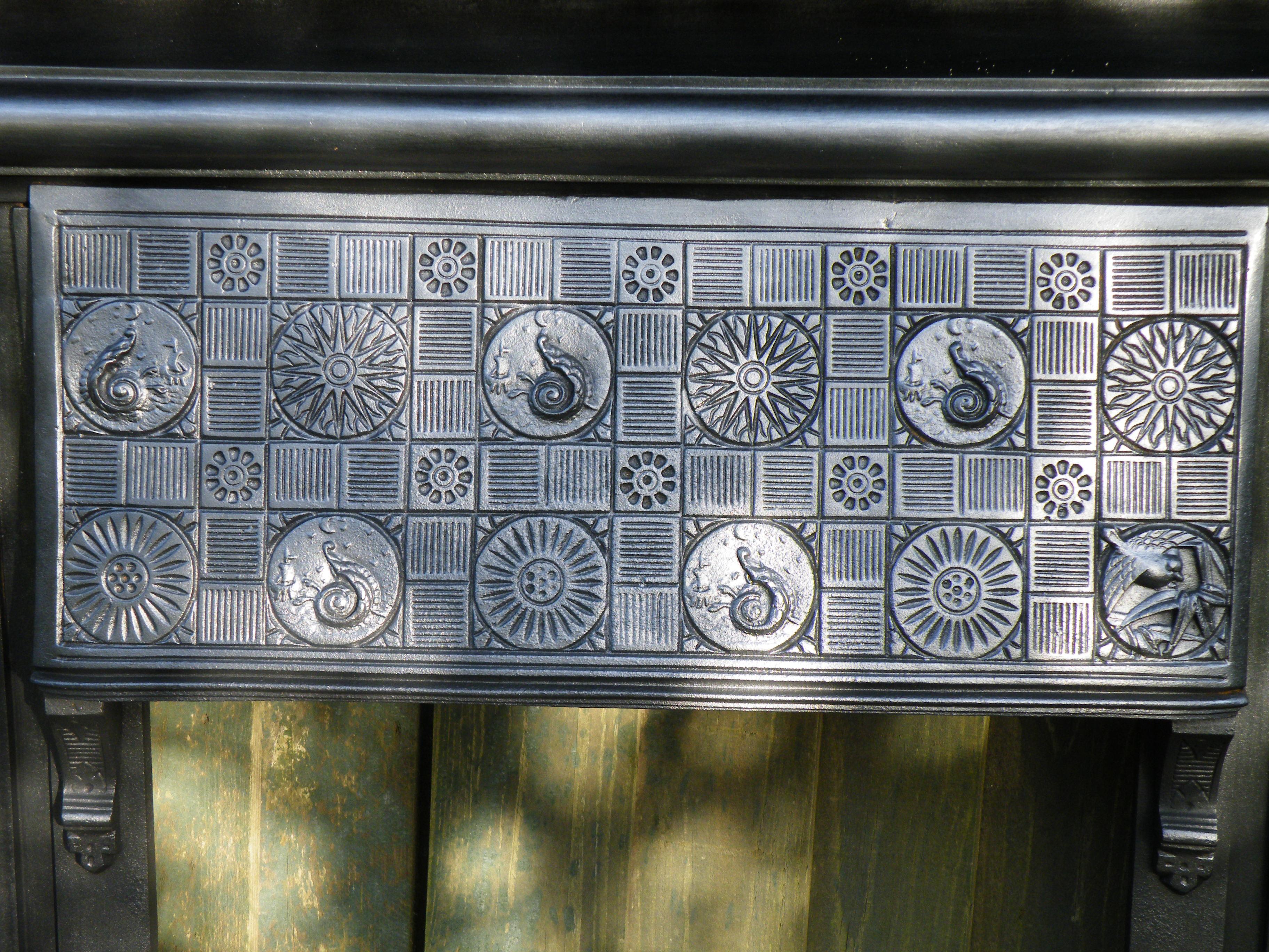 American Walnut 1880s Fireplace Mantel with Victorian Aesthetic Movement Insert For Sale 1