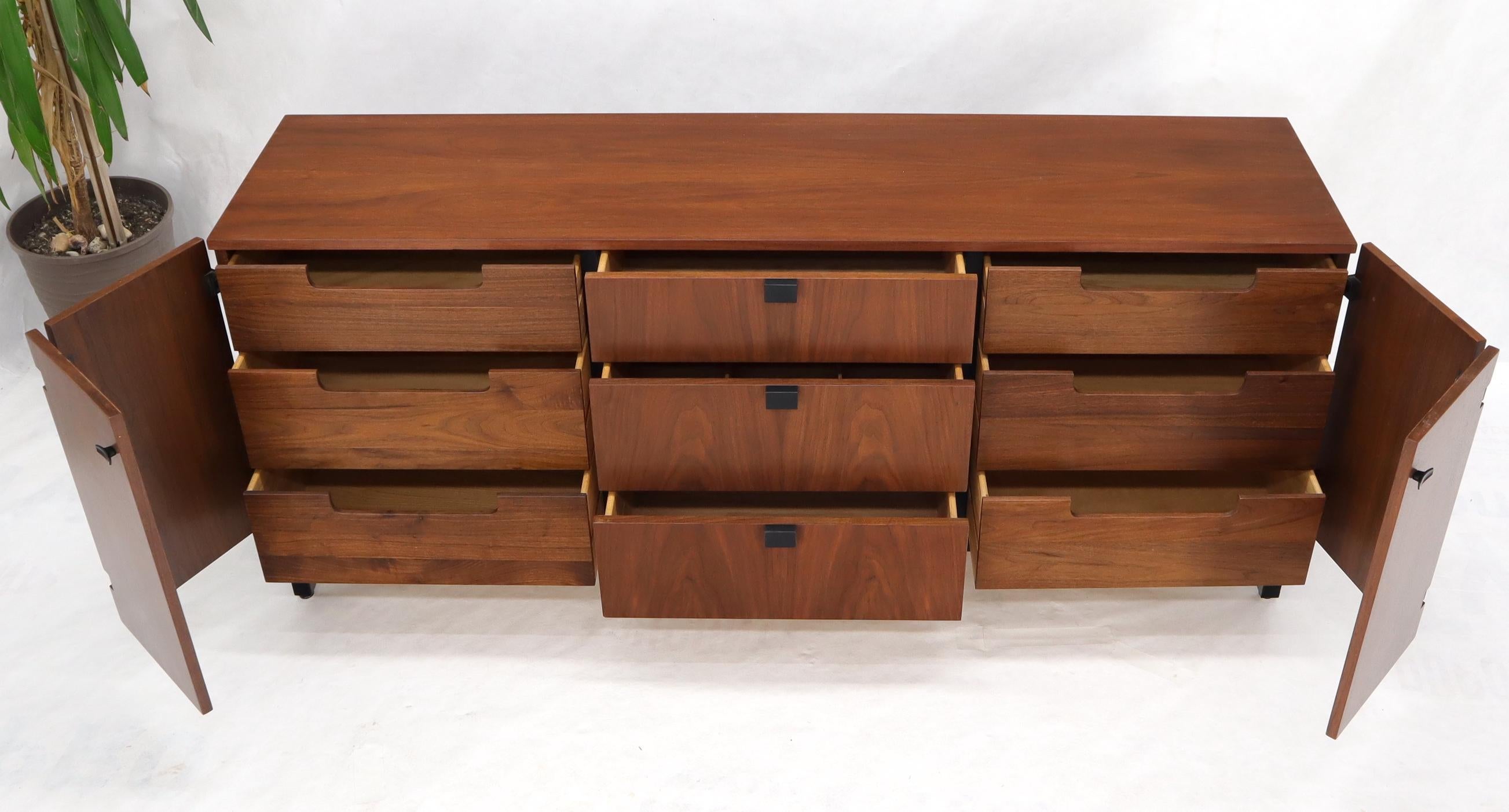 American Walnut 9 Drawers Two Doors Compartment Long Dresser Credenza Restored For Sale 1
