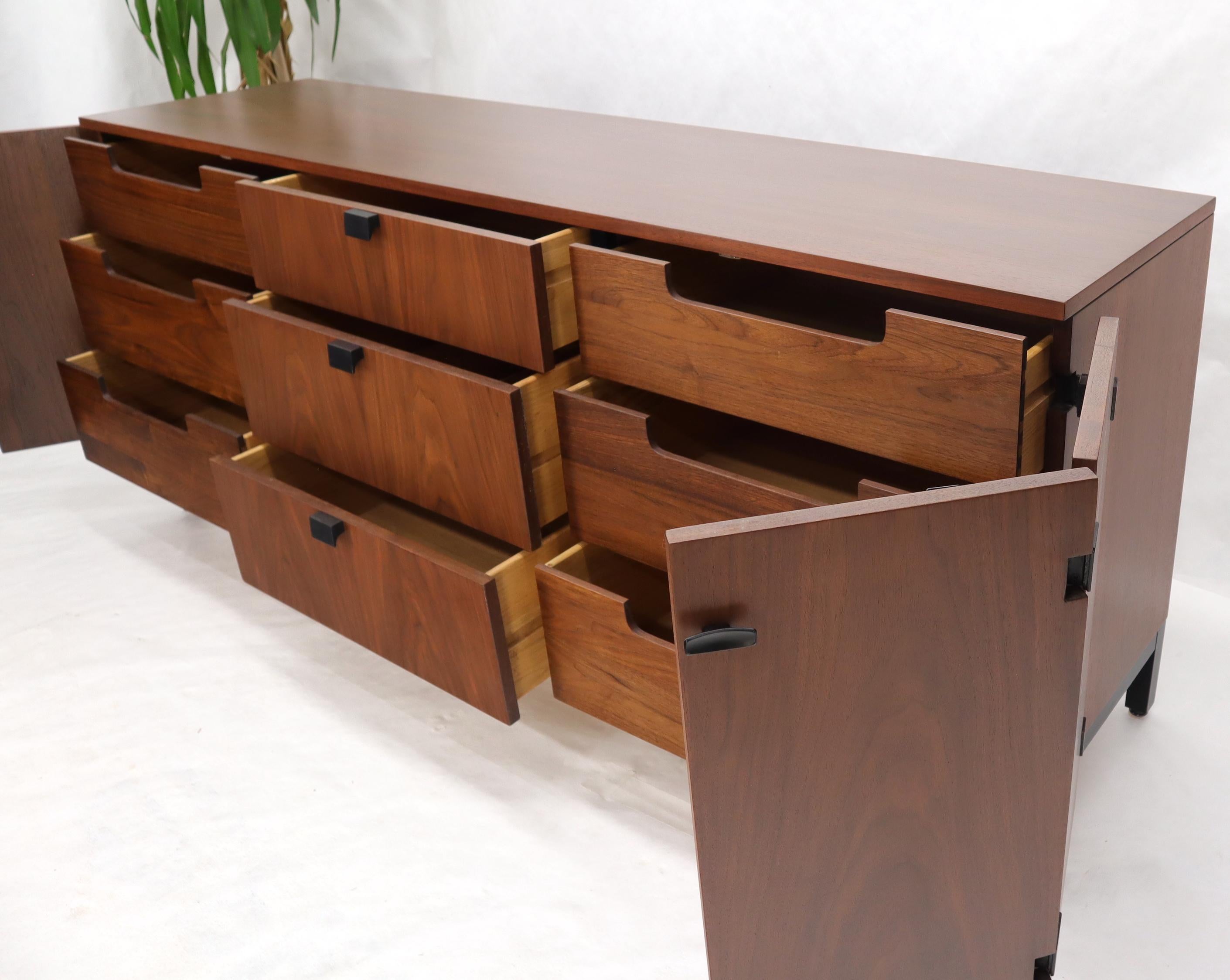 American Walnut 9 Drawers Two Doors Compartment Long Dresser Credenza Restored For Sale 2