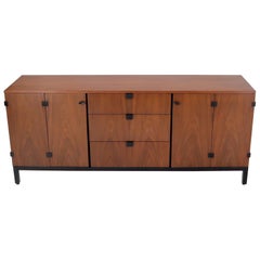 American Walnut 9 Drawers Two Doors Compartment Long Dresser Credenza Restored