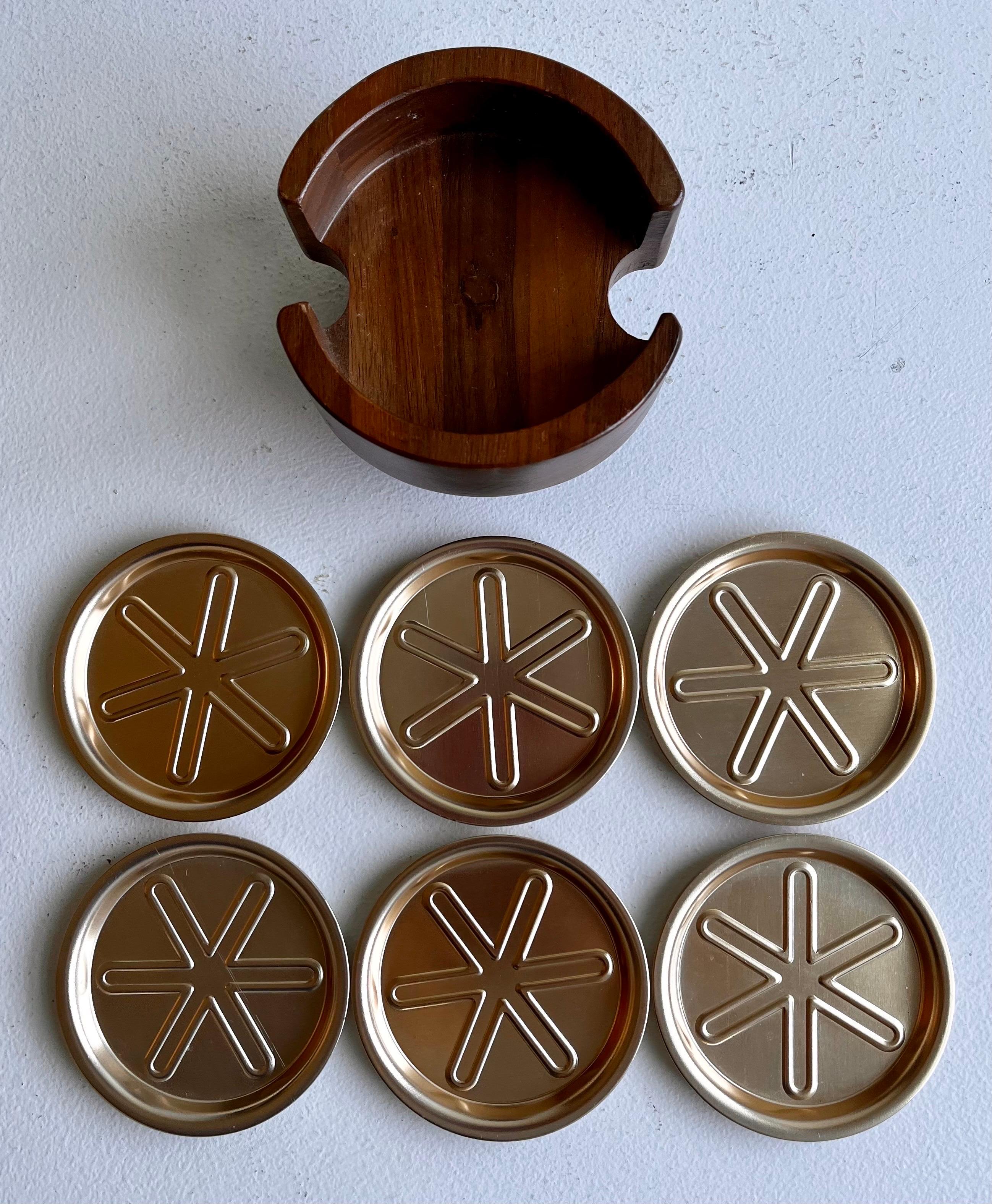 Set de sous-verres en noyer américain et aluminium
vers les années 1970

( 1 ) porte-costume en noyer 
( 6 ) sous-verres en aluminium ( 2 1/2