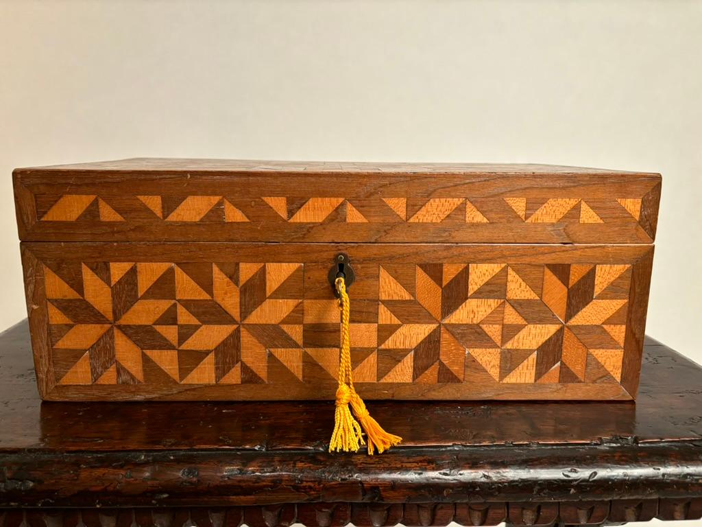 Hand-Carved 19th Century Walnut and Satin Wood Box With Geometric Inlay 