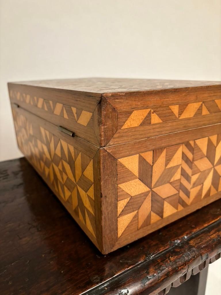 Boîte en noyer et bois satiné du 19e siècle avec incrustation géométrique  6
