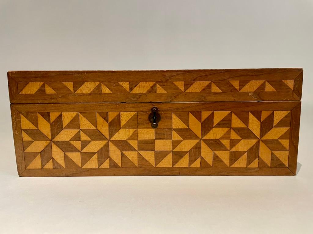 Hand-Carved American Walnut and Fruit Wood Box With Geometric Inlay, Circa 1900 For Sale