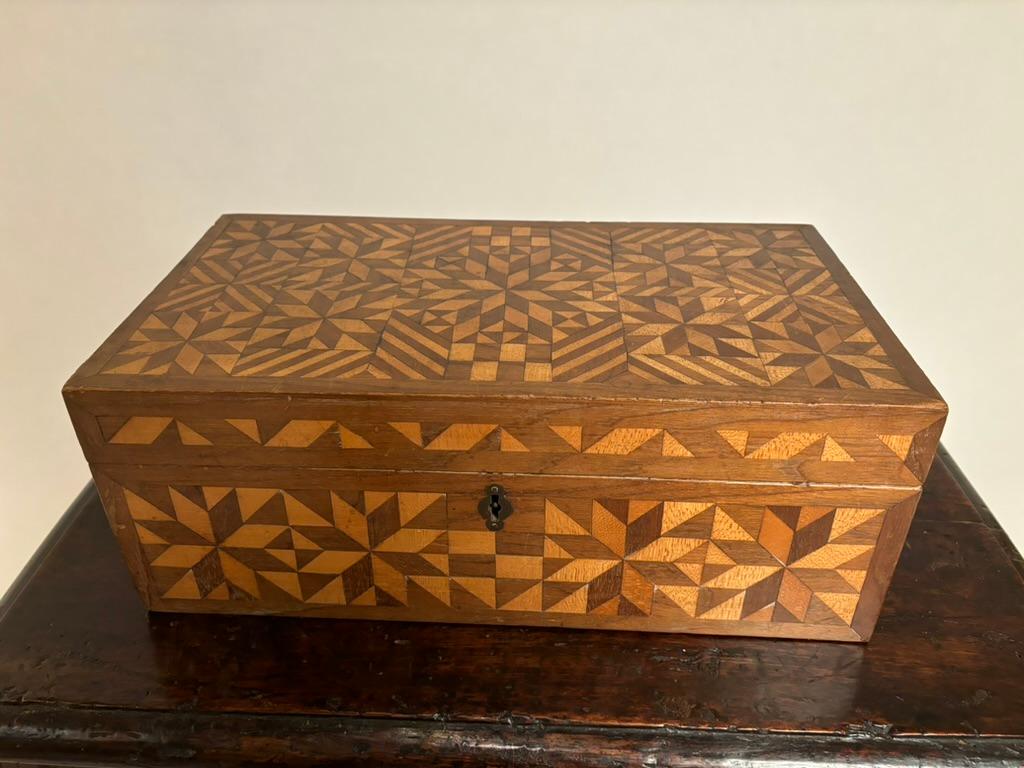 Folk Art 19th Century Walnut and Satin Wood Box With Geometric Inlay 