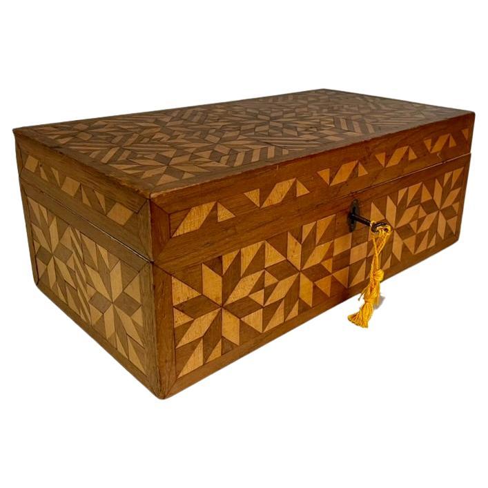 American Walnut and Fruit Wood Box With Geometric Inlay, Circa 1900 For Sale