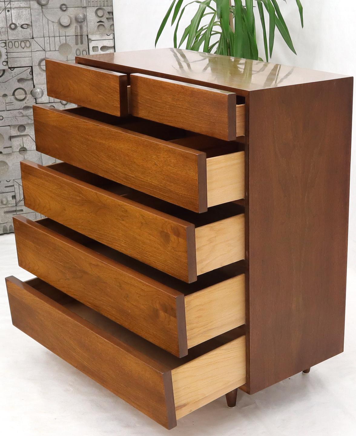 Very clean American walnut Mid-Century Modern vintage block front drawers dresser high chest.