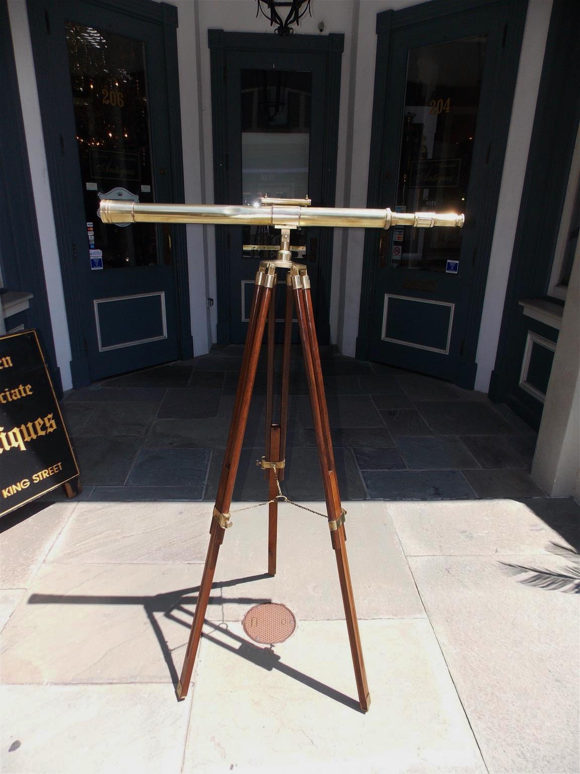 American Empire American Walnut Brass Telescope with Level Mounted on Tripod Stand, 20th Century