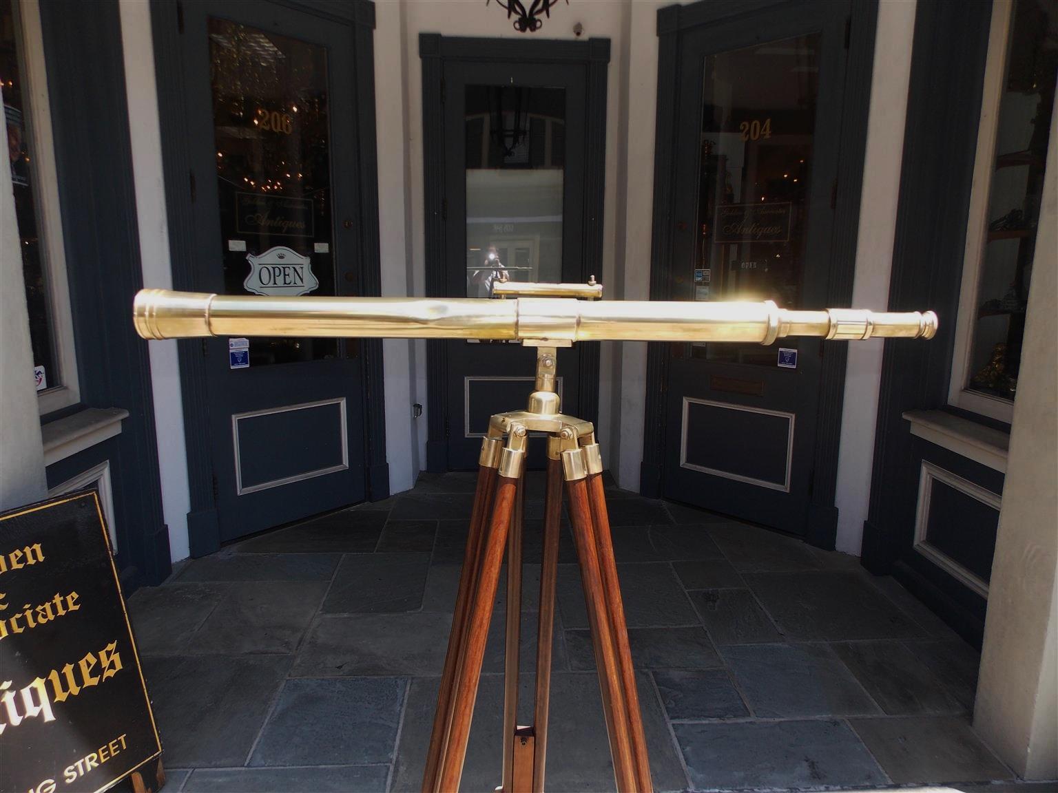 Hand-Carved American Walnut Brass Telescope with Level Mounted on Tripod Stand, 20th Century