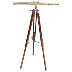 Vintage American Walnut Brass Telescope with Level Mounted on Tripod Stand, 20th Century