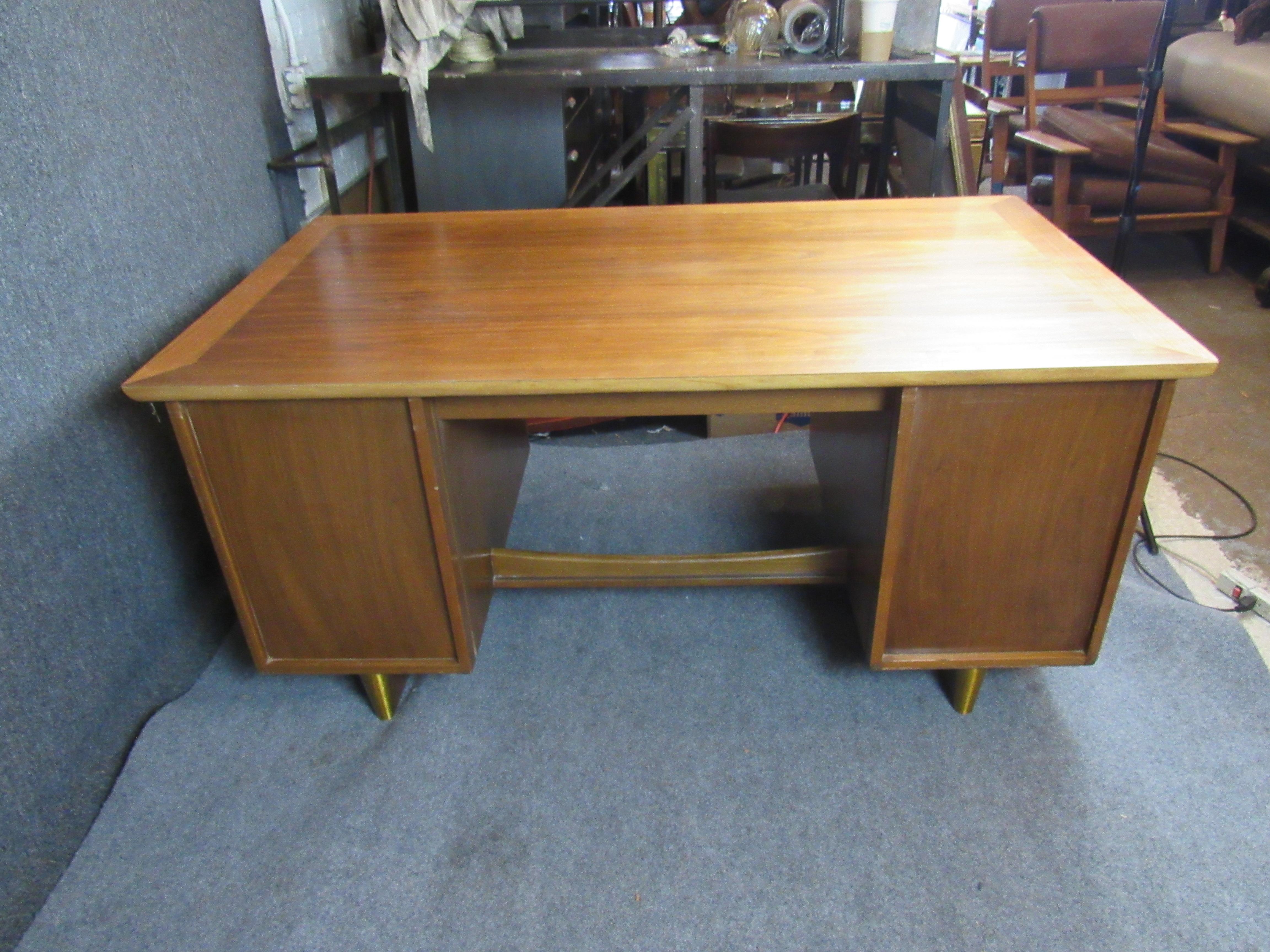 American Walnut & Brass Vintage Executive Desk For Sale 12
