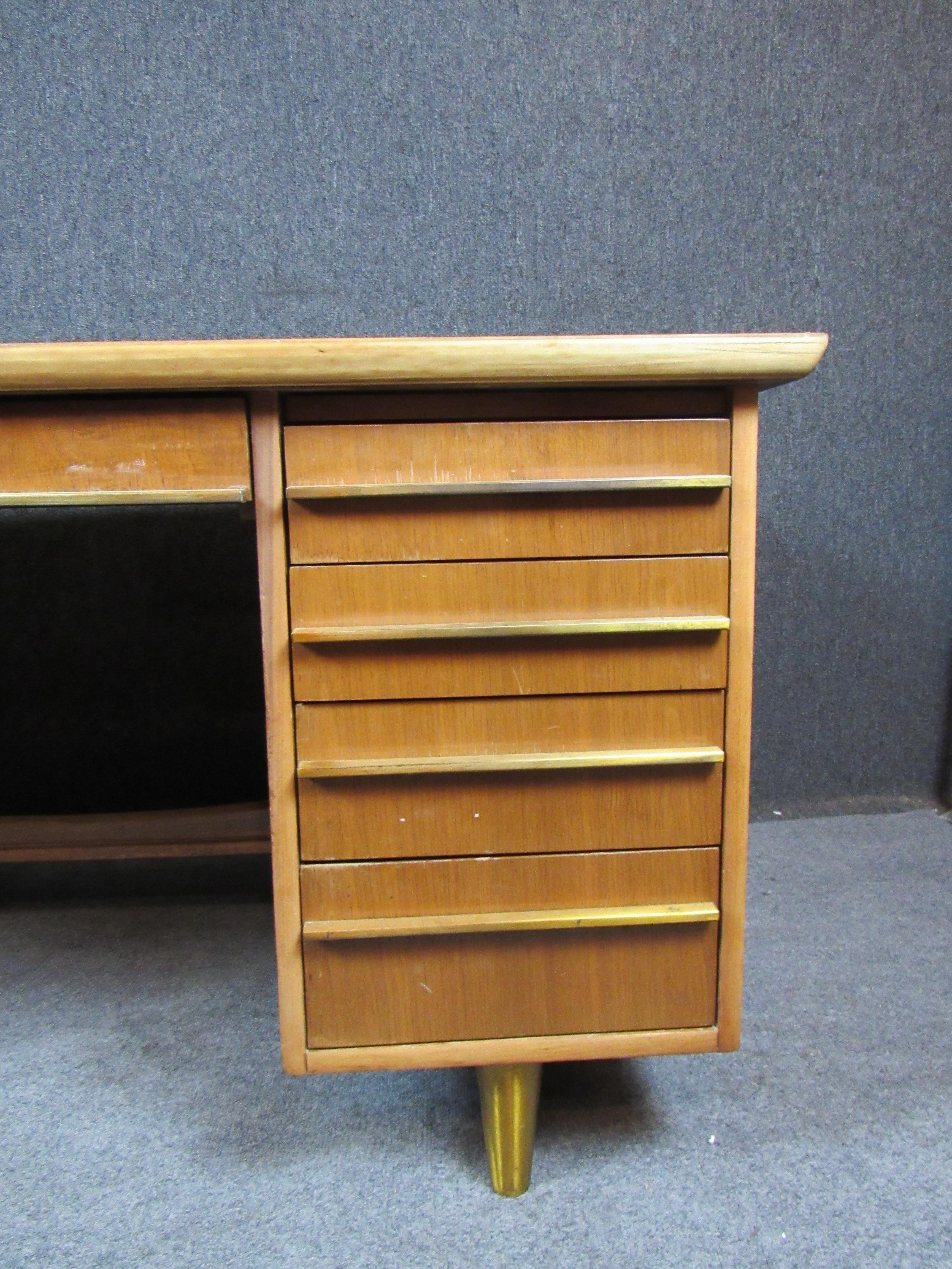 American Walnut & Brass Vintage Executive Desk For Sale 3