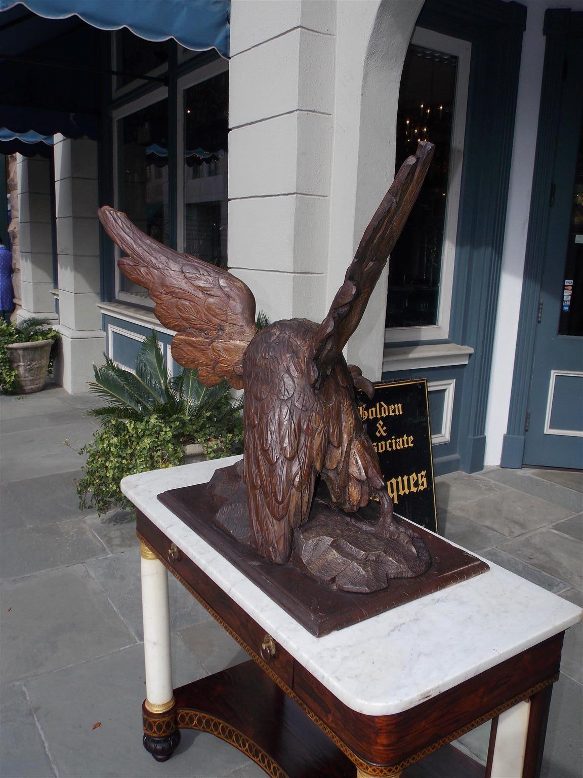 American Walnut Carved Spread Wing Eagle Perched to Flee on Rocky Plinth C. 1830 For Sale 4