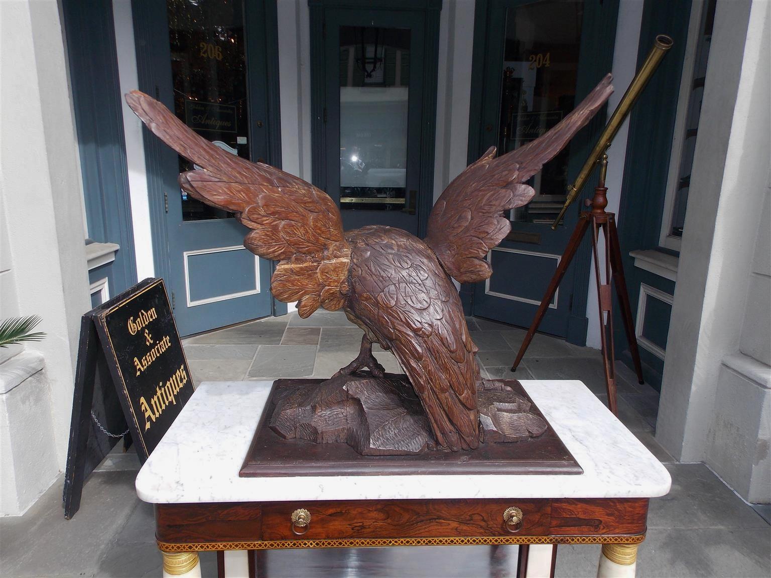 American Walnut Carved Spread Wing Eagle Perched to Flee on Rocky Plinth C. 1830 For Sale 2