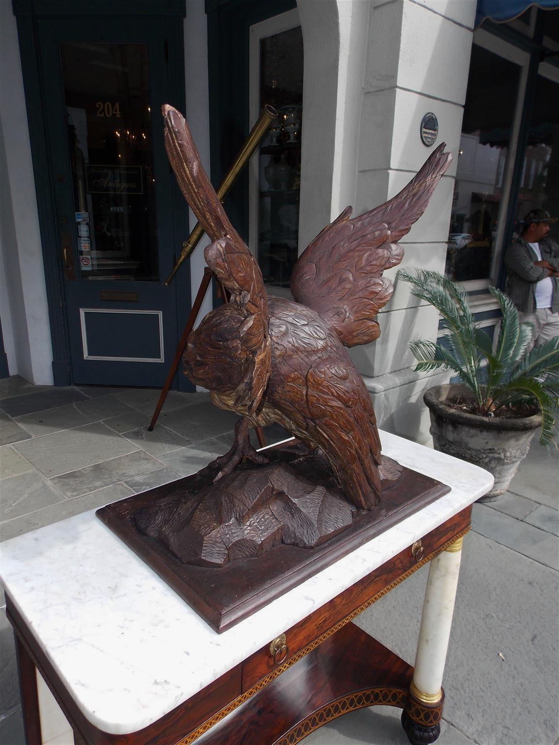 American Walnut Carved Spread Wing Eagle Perched to Flee on Rocky Plinth C. 1830 For Sale 3