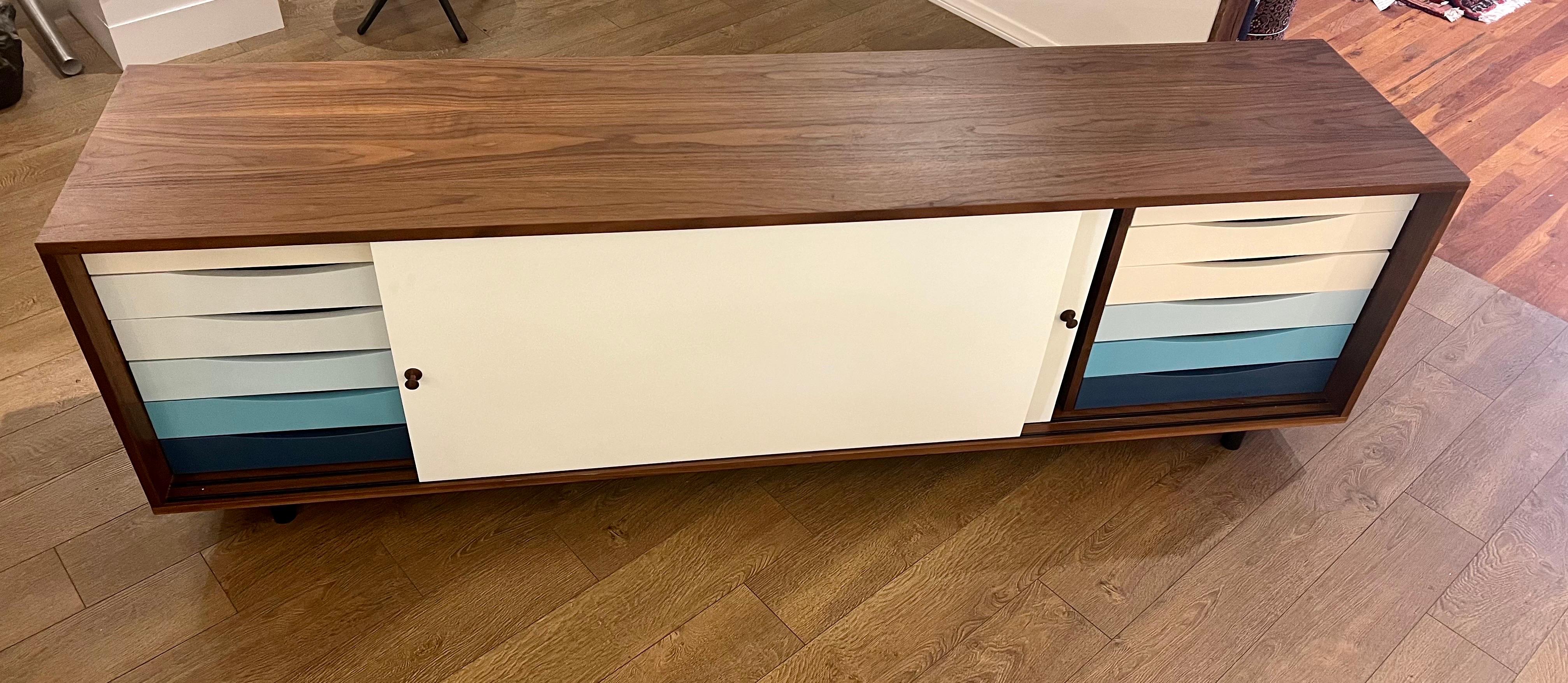 Plastic American Walnut Contemporary Custom Long Low Credenza 