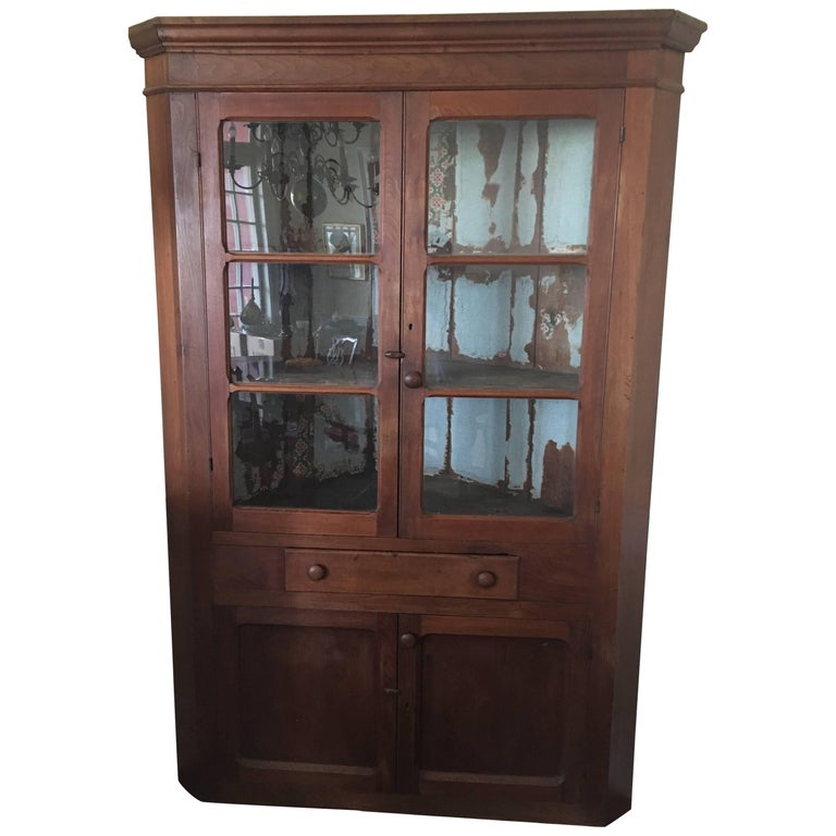 American Walnut Corner Cupboard Or Cabinet With Glass Doors 19th