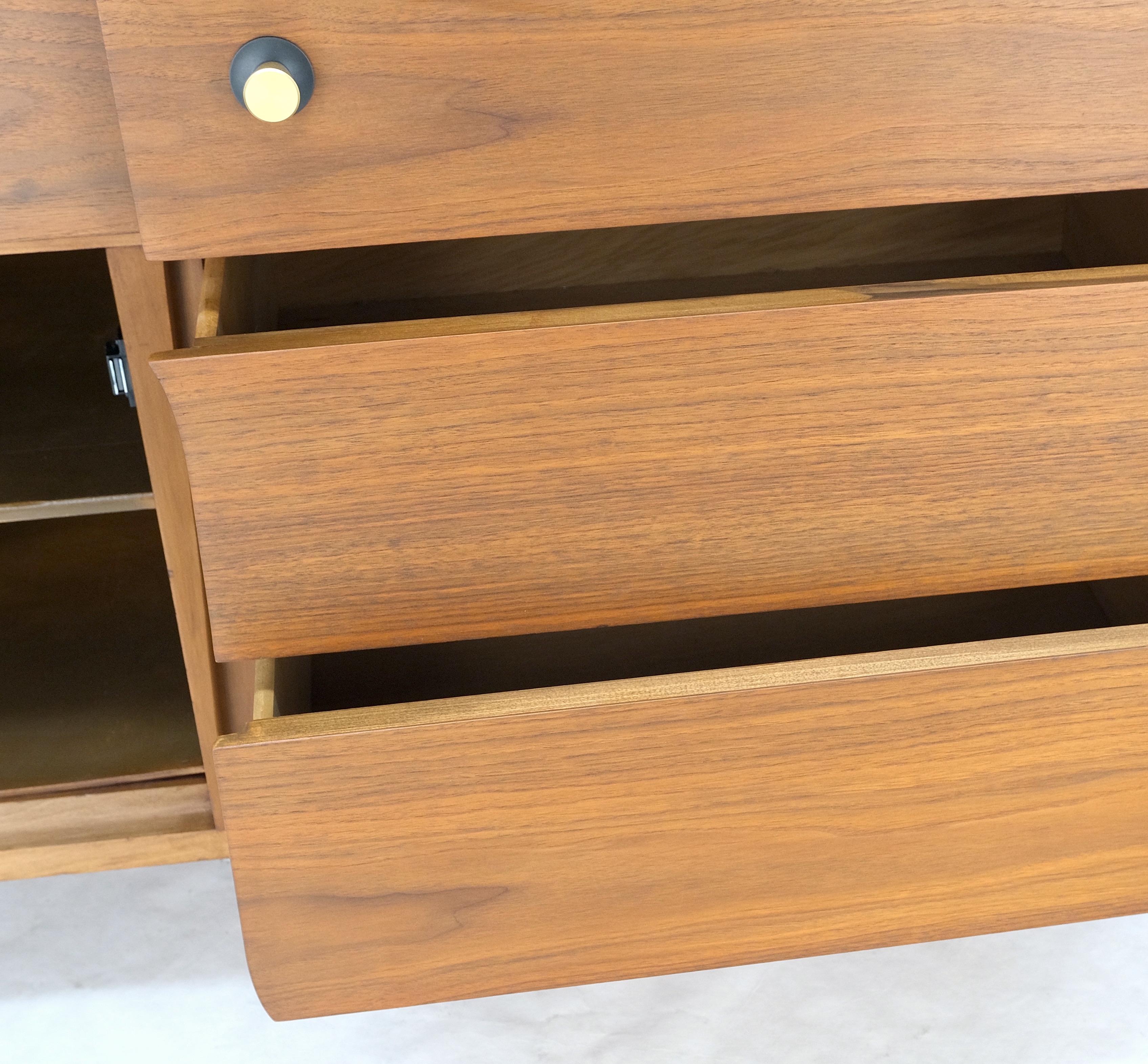 Mid-Century Modern American Walnut Dresser Credenza 4 Drawers Two Door Compartment Brass Pulls MINT For Sale