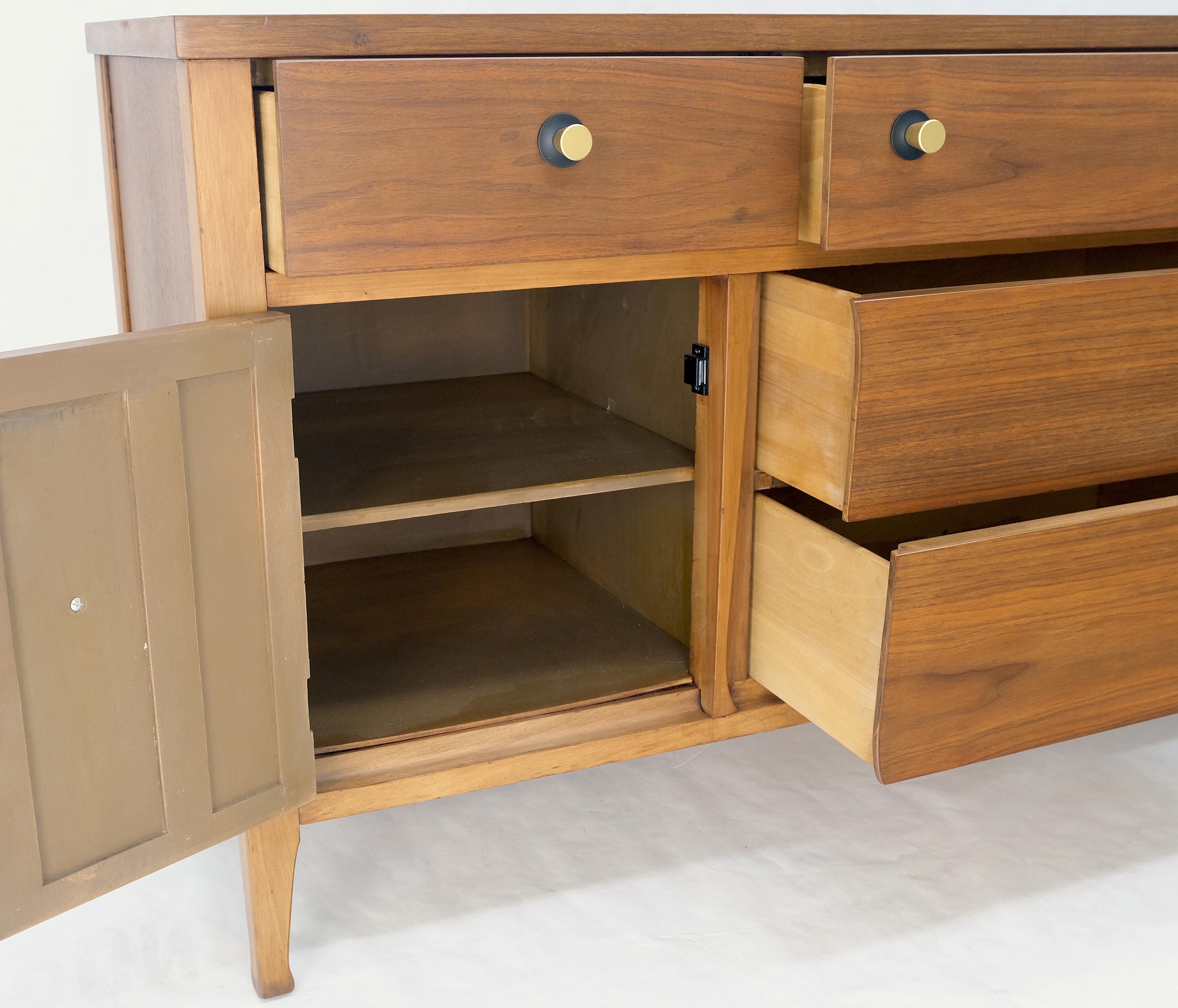 Lacquered American Walnut Dresser Credenza 4 Drawers Two Door Compartment Brass Pulls MINT For Sale