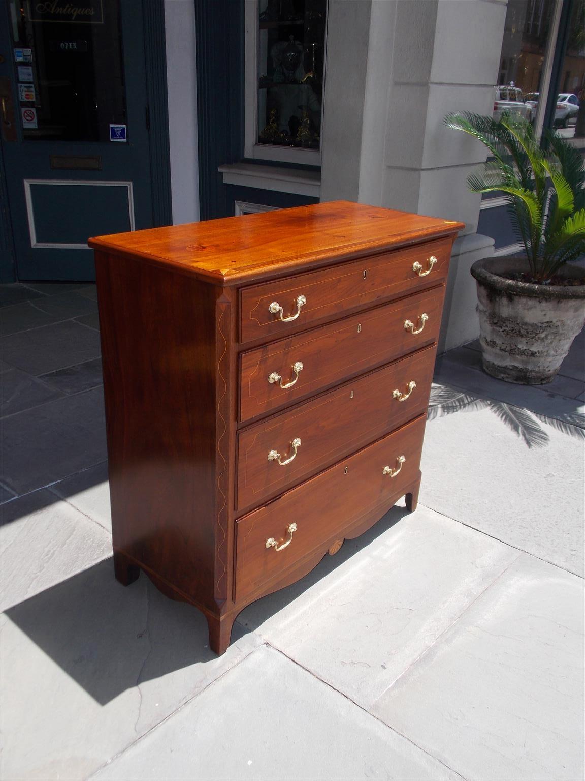Hand-Carved American Walnut Graduated Chest of Drawers with Patera Inlay. N.C. , Circa 1810 For Sale
