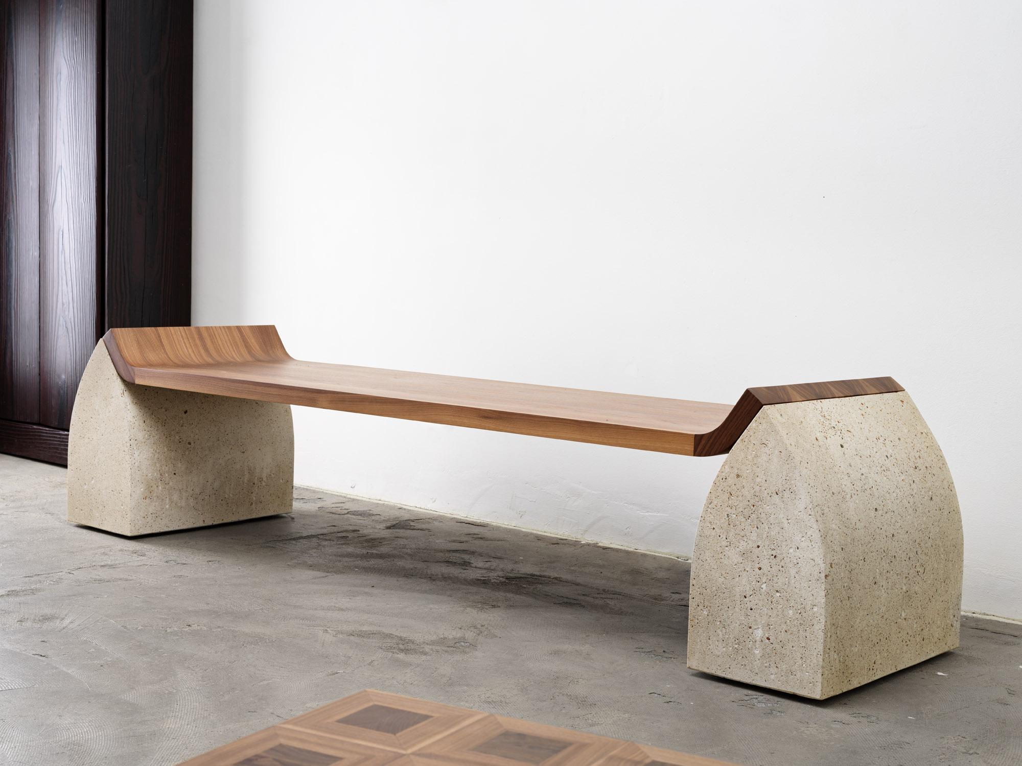 Belgian American Walnut, Granito Stone Traaf bench large by Tim Vranken For Sale