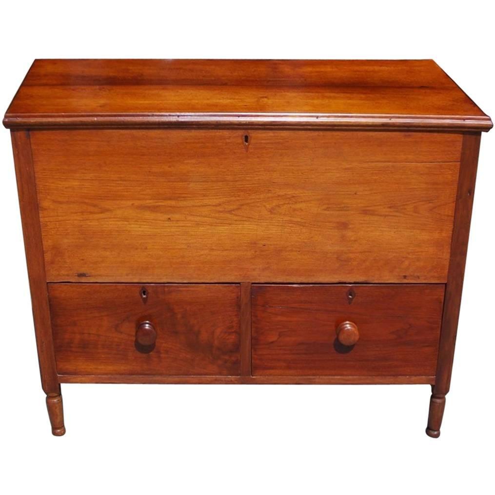 American Walnut Hinged Top Compartmentalized Two Drawer Sugar Chest, Circa 1820