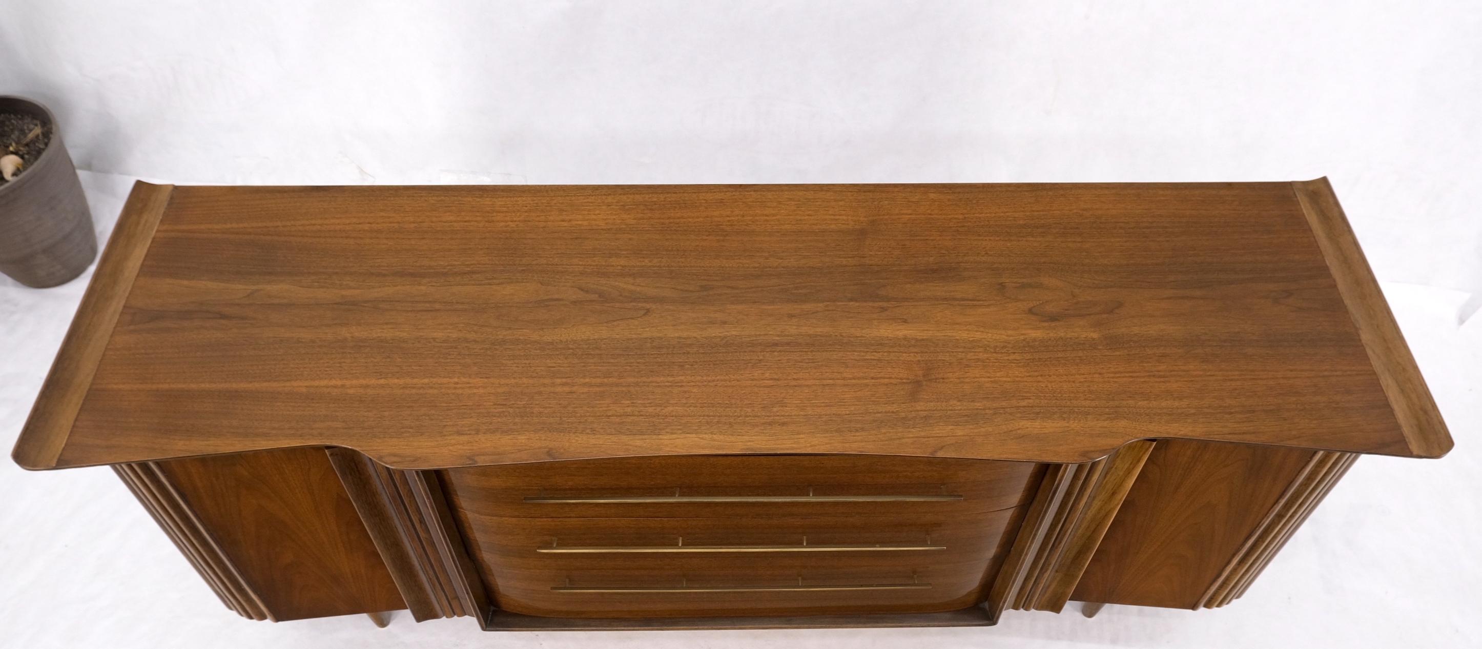American Walnut long Dresser w/ Rolled Edges Curved Front Dresser Brass Pulls For Sale 5