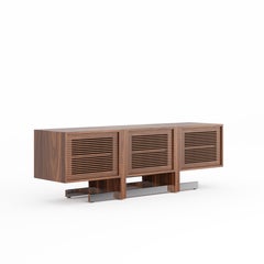 American Walnut Media Sideboard with Slatted Doors and Polished Aluminum Base